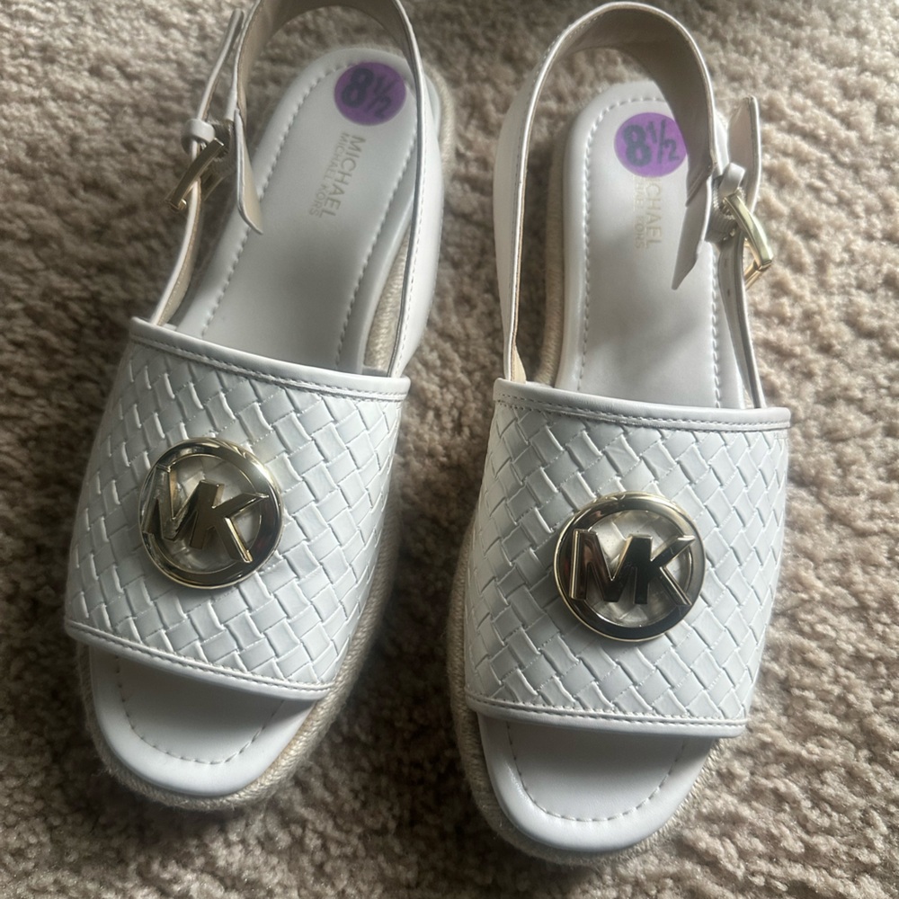 Michael Kors Cream Espadrille Leather Sandals with Gold Accents